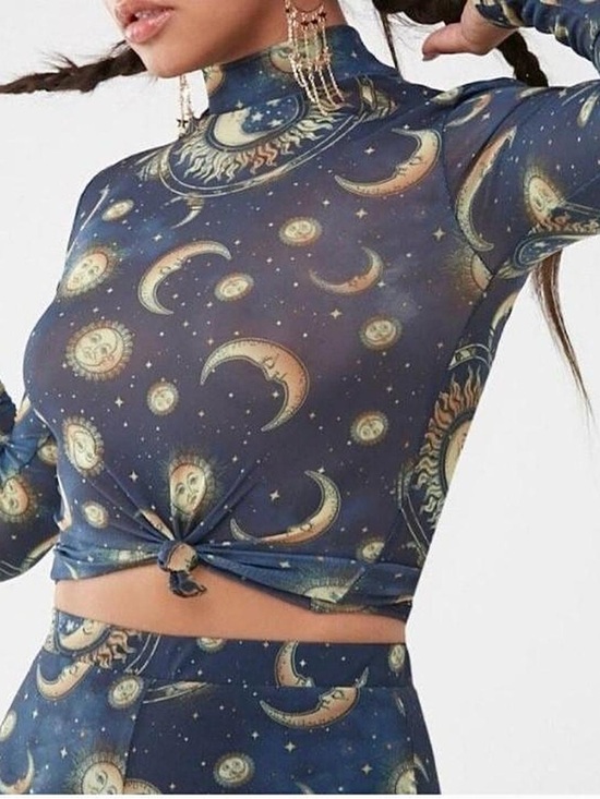 Forever 21 Tops - Forever 21 Navy Celestial Print High Neck Long Sleeve Mesh Top